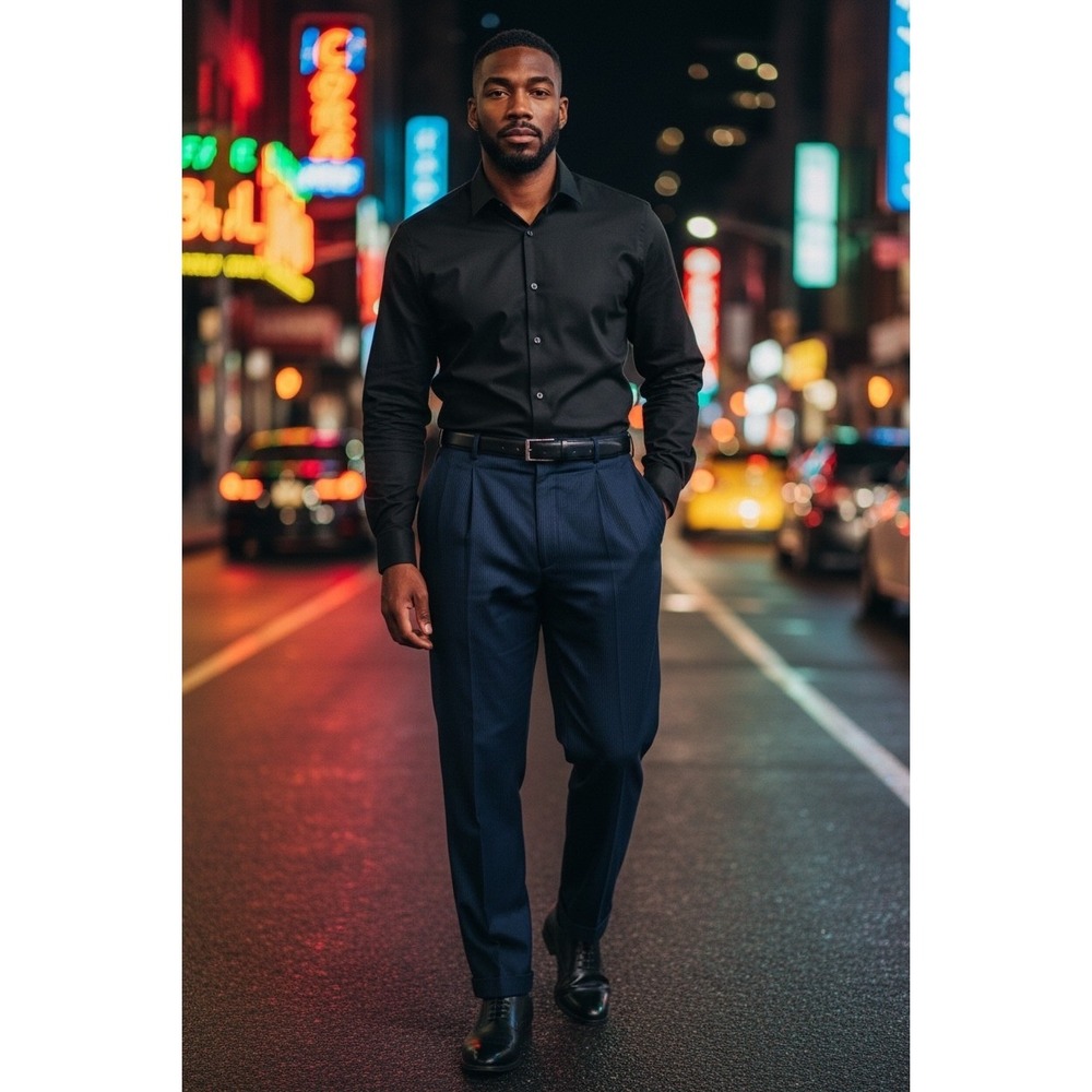 Hart Schaffner Marx Mens Navy Pinstripe Pleated Cuffed Dress Pants 42x29 No Tags